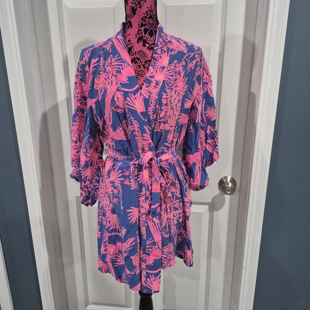 Lilly Pulitzer Silk Robe Womens S/M Pink Blue Palm Beach Kimono Indigo Night